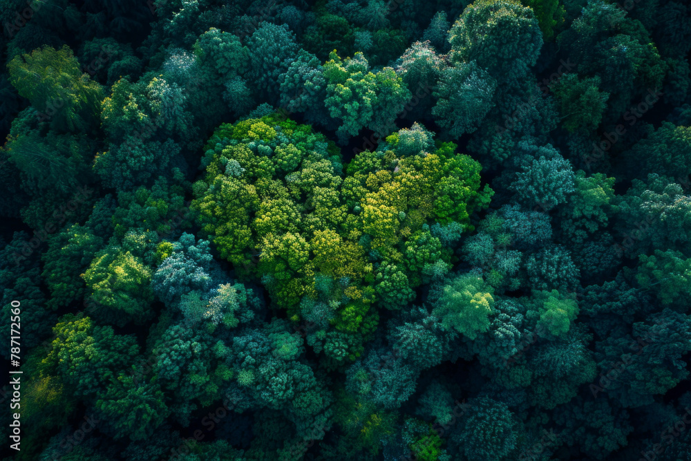 Top-down view of a forest with a love shape symbol