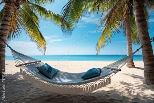 Hammock with palm trees on a sandy beach. View of a nice tropical beach. 