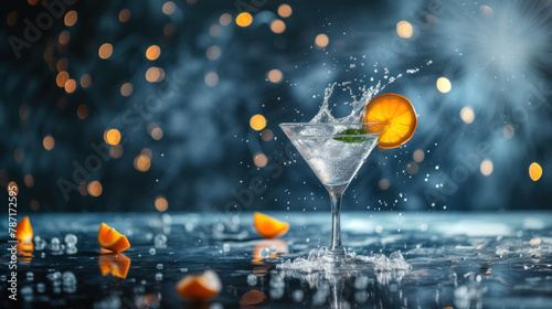 Clear cocktail in Martini glass, decorated with lemon, with splash, on blue background © Kondor83