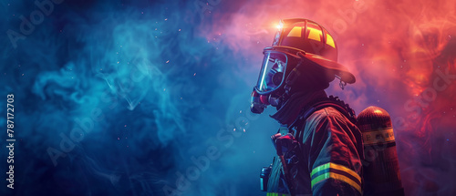 A fireman in full gear, standing in a dark and smoky environment with blue lighting.