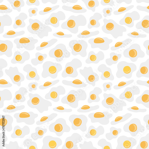 Sunny side up fried eggs with bright yellow yolks isolated on white background seamless pattern. Attractive broken eggs surface art design for printing or use in graphic design projects.