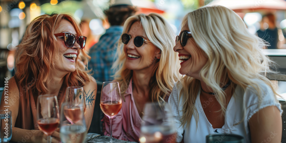 Group of mature women having fun and chatting while having drinks. Women having fun together on a summer afternoon. Group of mature women having fun and chatting while having drinks. Women having fun together on a summer afternoon.