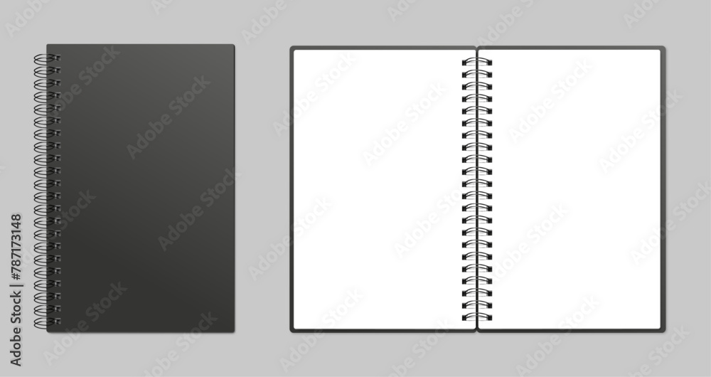 open notebook stationary realistic set black cover