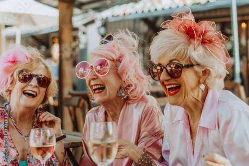 A group of old ladies laughing and having a good time, dressed smartly and wearing makeup, sitting around having drinks. Celebration of old friends. Fun in the elderly.