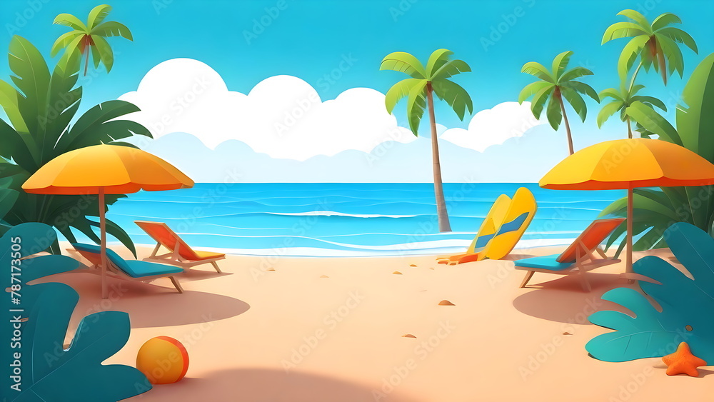 Beautiful Beach Scenery, Palm Leaves, Tropical Paradise Cartoon Illustration