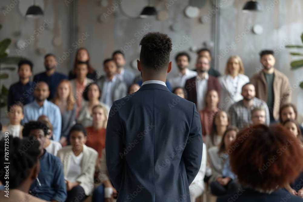 Employees attending corporate business training or seminar. Professional business coach speaking for multiethnic people in modern spacious office interior. Diverse audience, back view from behind Employees attending corporate business training or seminar. Professional business coach speaking for multiethnic people in modern spacious office interior. Diverse audience, back view from behind