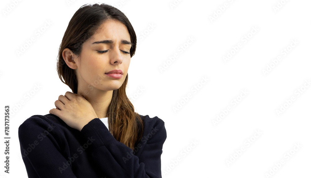 Young woman with neck pain with eyes closed suffering from fibromyalgia. Muscle and joint pain. Rheumatic diseases. World Fibromyalgia Day. Young woman with neck pain with eyes closed suffering from fibromyalgia. Muscle and joint pain. Rheumatic diseases. World Fibromyalgia Day.