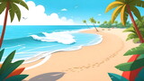 Beach Paradise Tropical Sands, Sea Background, Sunny Cartoon Illustration