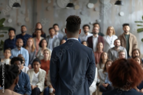 Employees attending corporate business training or seminar. Professional business coach speaking for multiethnic people in modern spacious office interior. Diverse audience  back view from behind