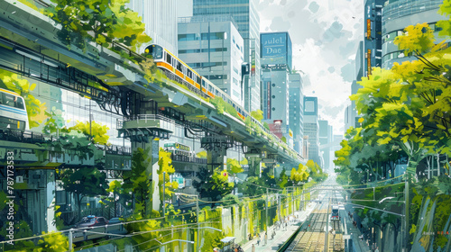 Vibrant illustration of a sustainable urban environment with green public transportation and pedestrian-friendly infrastructure. photo