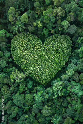 Top-down view of a forest with a love shape symbol
