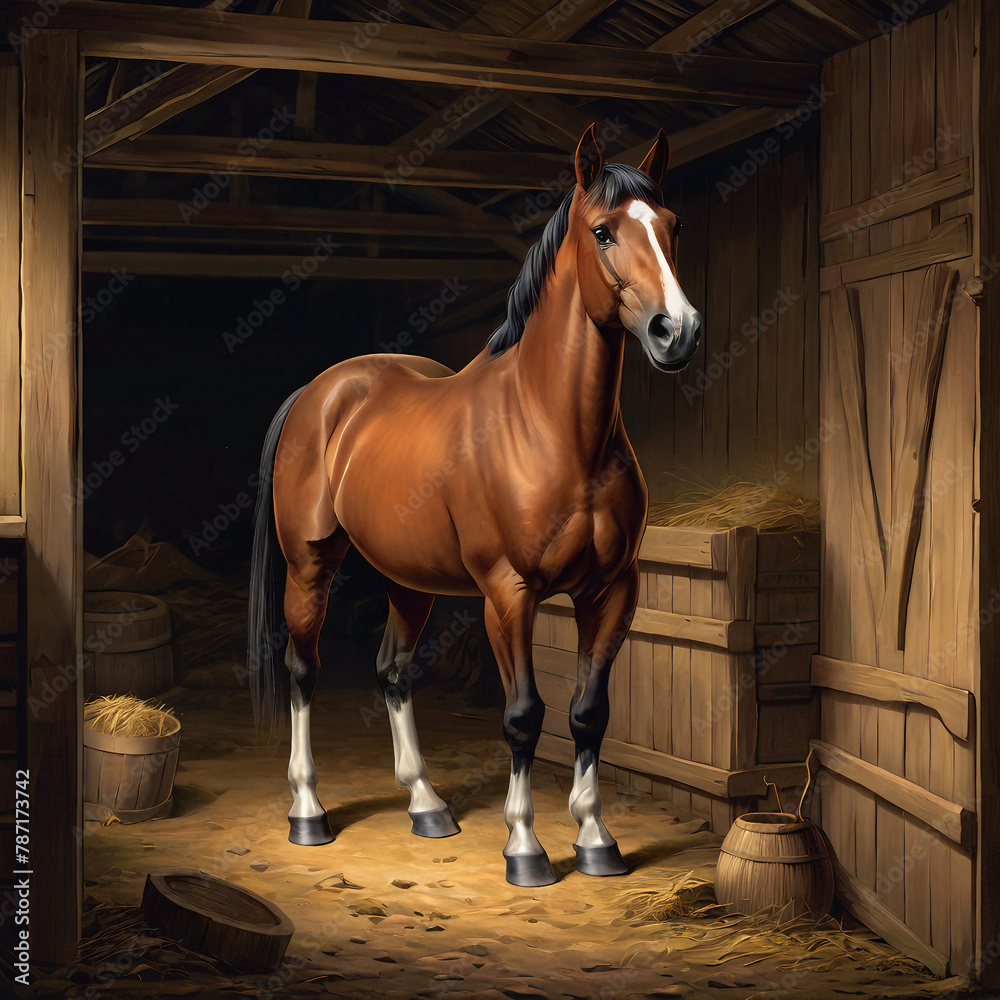 Fototapeta premium Charming Cartoon Depiction Horse in a Realistic Stable Setting (1861)