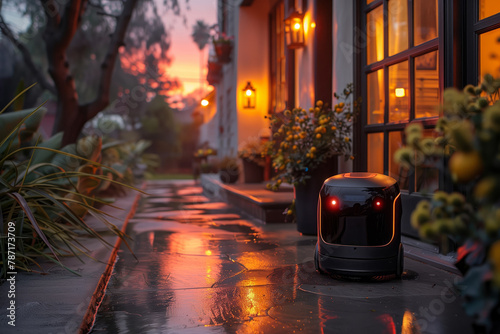 Service robot on wet pavement at twilight