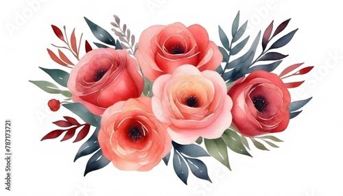 Floral composition bouquet pink rose, blue flowers forget-me-nots, buds, green stems, leaves on white background, digital draw illustration, concept for design, vintage photo