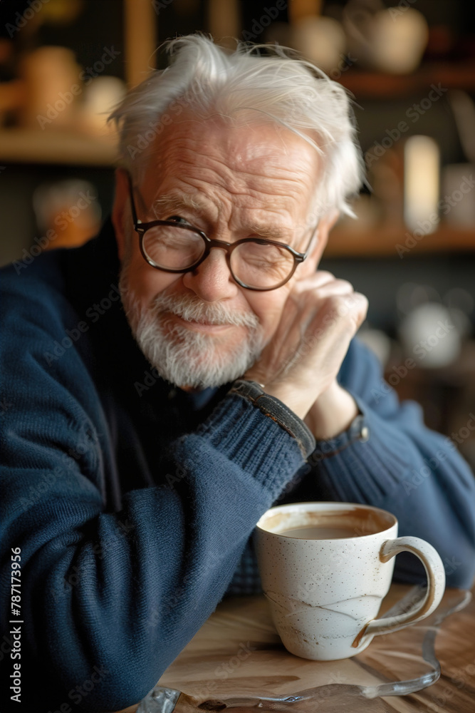 Senior man enjoying a cup of coffee at a cafe, smiling as he savors of his drink. Senior man enjoying a cup of coffee at a cafe, smiling as he savors of his drink.