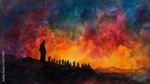 A painting of a man standing on a hill with a group of people behind him © CtrlN