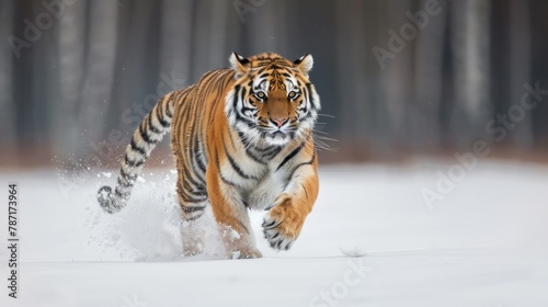 Portrait wild siberian tiger majestic animal running in winter snow. AI generated image