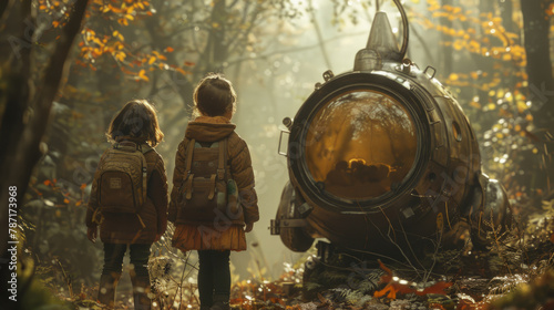Children stumble upon a metallic time capsule in a forest filled with intriguing artifacts, sparking curiosity and mystery. photo