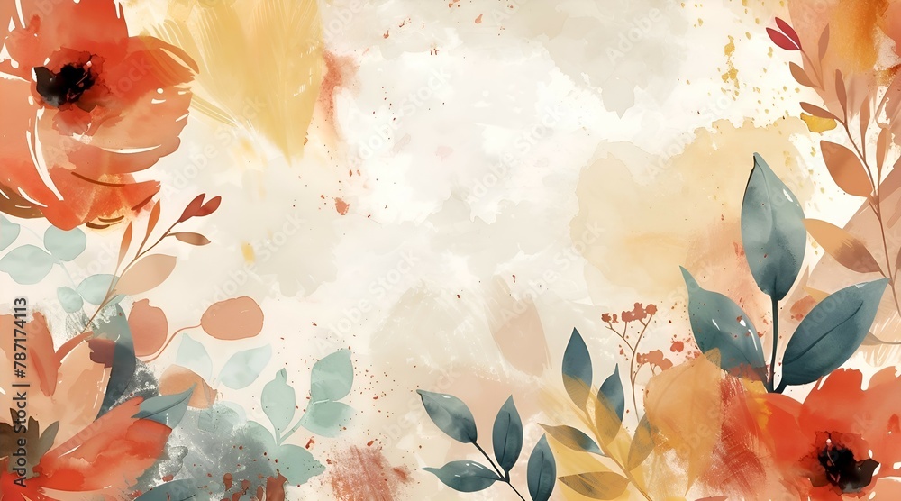 A beautiful piece with an autumn watercolor background with flowers and botanical leaves applied by hand. Abstract art wallpaper design concept for murals, wedding cards and invitations