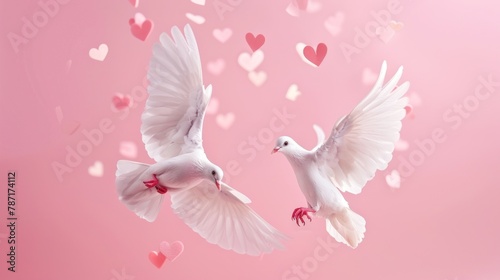 Two white pigeons birds flying between heart shape on pink background. AI generated image © MUCHIB