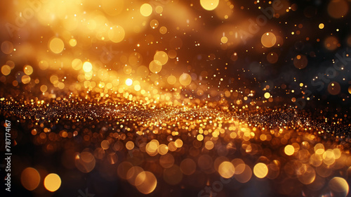 Luxurious festive gold glitter and soft bokeh on a dark background, invoking feelings of celebration and opulence. photo