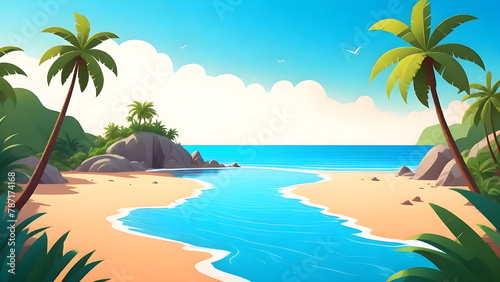 Sunny Tropical Beach Cartoon Illustration  Paradise Sands  Sea Background