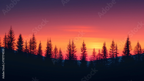 A beautiful sunset over a forest with trees in the foreground and background