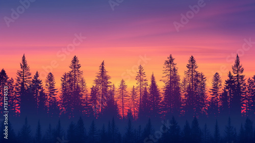 A beautiful sunset over a forest with trees in the foreground and background