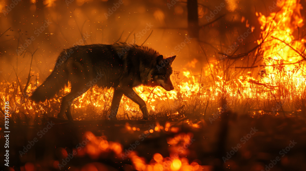 Fototapeta premium A wild wolf is walking through a forest engulfed in fire. Yellow and orange flames. Serious damage has been done to the ecosystem