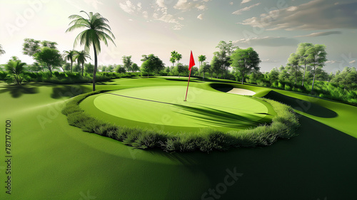 golf hole with red flag  on a golf course, greens, fairways, bunkers, sand traps, summer leisure