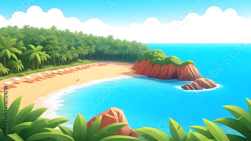 Aerial view Beach Landscape, Summer Holiday Background, Tropical Cartoon Illustration