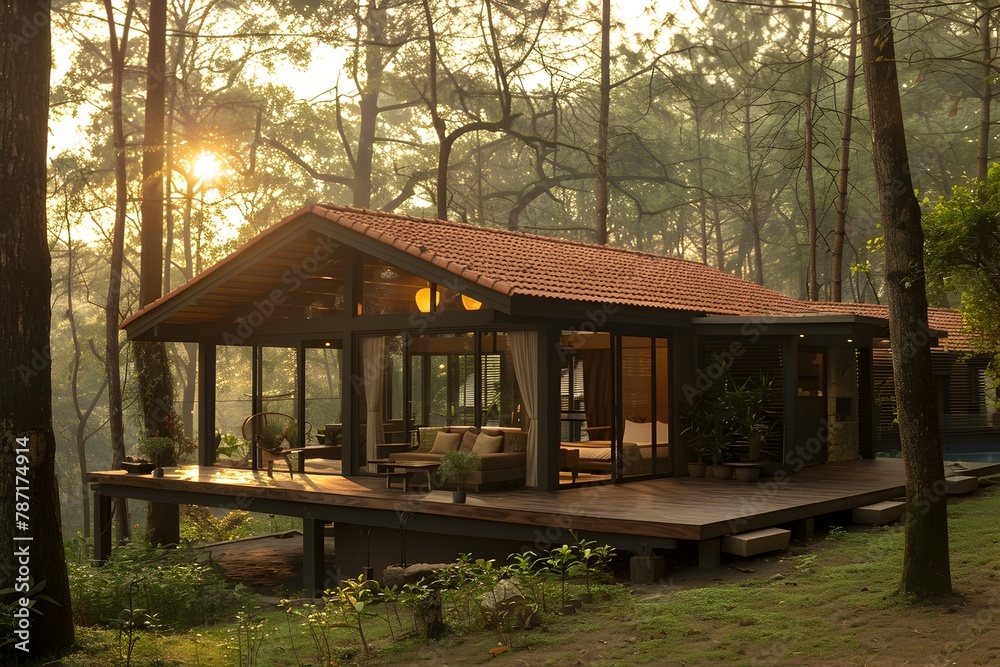 Cozy Woodland Bungalow with Warm Sunset Light and Peaceful Ambiance Cozy Woodland Bungalow with Warm Sunset Light and Peaceful Ambiance