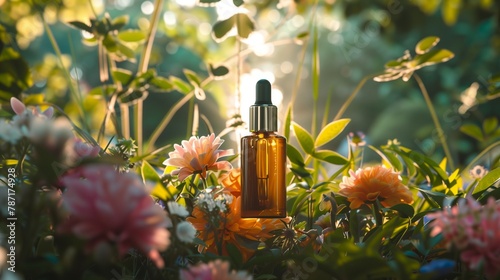 a captivating scene where a bottle of Skincare Woman Gel stands amidst a lush botanical garden, surrounded by vibrant blooms and verdant foliage.