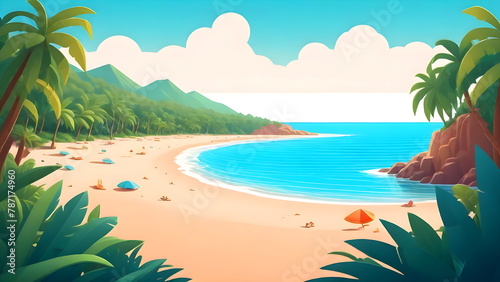 Beautiful Beach Scenery, Palm Leaves, Tropical Background Cartoon Illustration © Artiroz