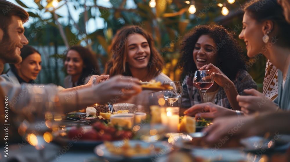 Warm evening with friends and food, excellent for depicting joyful moments and leisure. Warm evening with friends and food, excellent for depicting joyful moments and leisure.