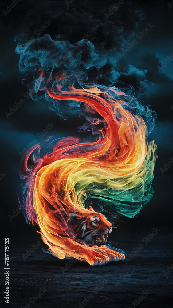 Fire dances! Vibrant colors swirl, forming a mesmerizing abstract tiger against a dark night sky. (phone screen) - obrazy, fototapety, plakaty 
