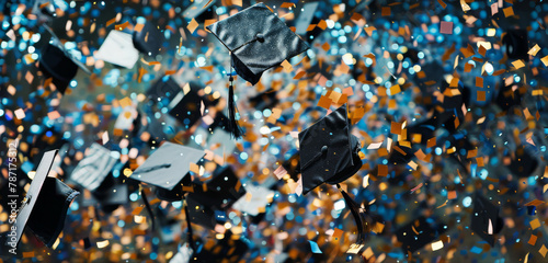 Confetti rain on graduates, excellent for depicting the joy of academic accomplishment.