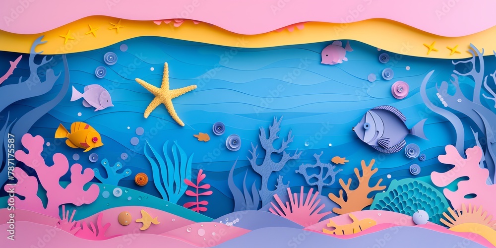 A paper art background world ocean day, banner, colorfull, negative space, aspect ratio 2:1 A paper art background world ocean day, banner, colorfull, negative space, aspect ratio 2:1