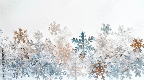 Festive snowflake border with sparkling gold accents on white, holiday backdrop. © mashimara