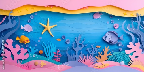 A paper art background world ocean day  banner  colorfull  negative space  aspect ratio 2 1