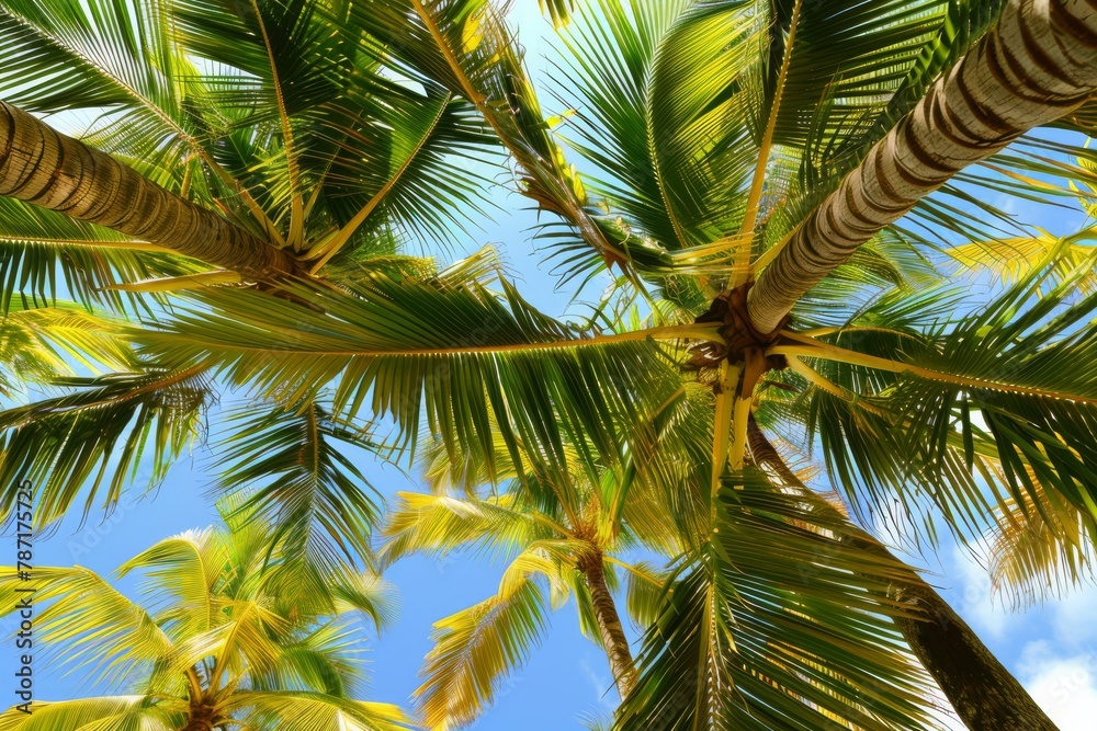 Skyward view of lush palm canopy, suited for articles on nature, serenity, or eco-tourism. Skyward view of lush palm canopy, suited for articles on nature, serenity, or eco-tourism.