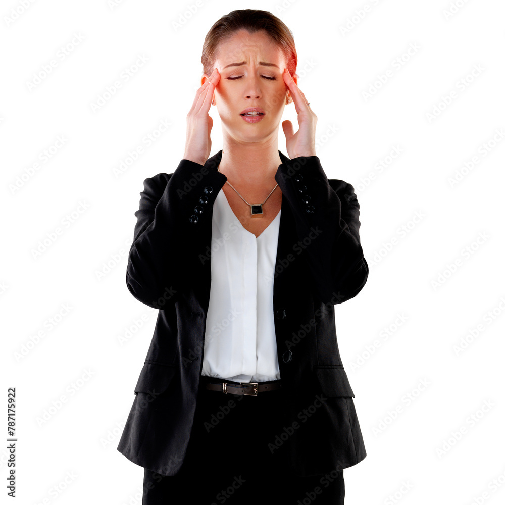 Woman, pain and red glow by white background with headache, stress migraine and corporate burnout. Isolated executive, eyes closed and anxiety in studio with mental health, depression and fatigue Woman, pain and red glow by white background with headache, stress migraine and corporate burnout. Isolated executive, eyes closed and anxiety in studio with mental health, depression and fatigue