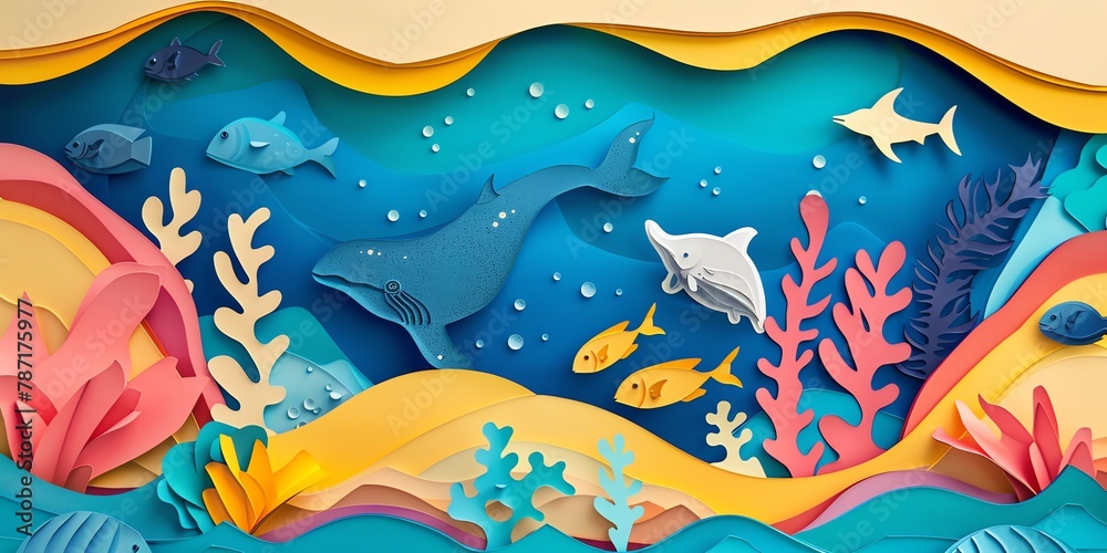 A paper art background world ocean day, banner, colorfull, negative space, aspect ratio 2:1 A paper art background world ocean day, banner, colorfull, negative space, aspect ratio 2:1