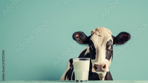 Cute cow with glass of milk on blue background. Copy space