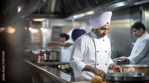 cooking, profession and people concept - happy male Indian chef in over restaurant kitchen background