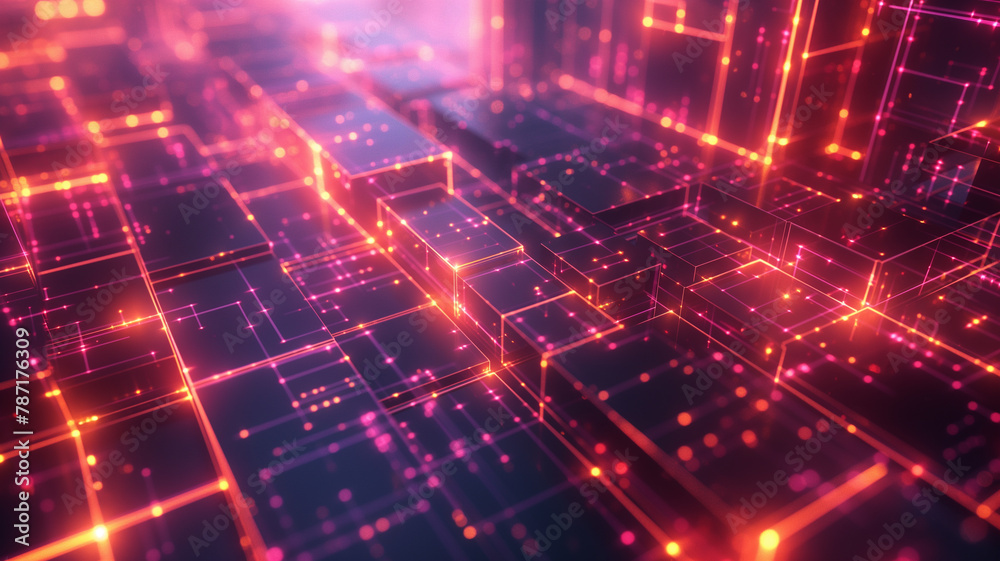 A computer generated image of a cityscape with bright pink and orange lights