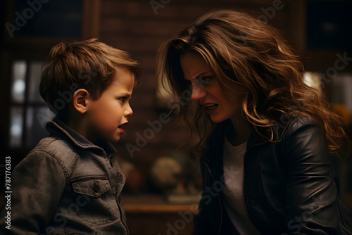Woman and young boy in a heated argument. Family conflict and childhood behavioral challenges concept. Studio portrait with dramatic lighting, mother conflicts with his son