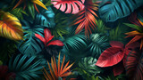 A colorful jungle scene with many different types of leaves and flowers