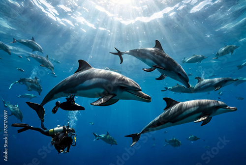 Dolphins swim under water. A school of dolphins swims through a group of divers. Marine life underwater in ocean. Observation animal world. Scuba diving adventure in Red sea, coast Africa © Alex Vog