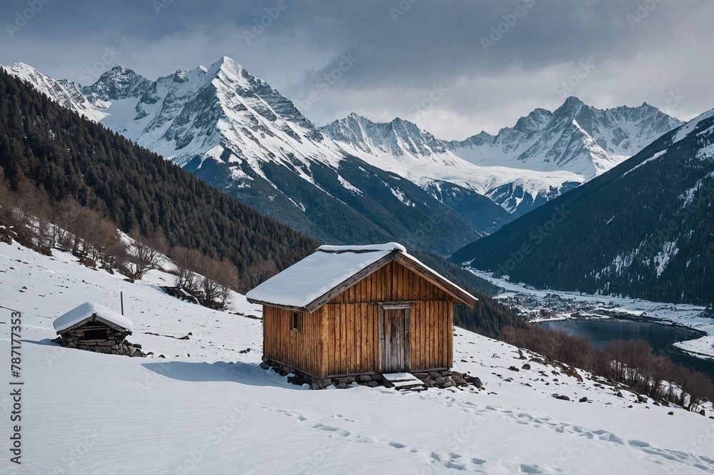lonely hut in the mountains in the snow